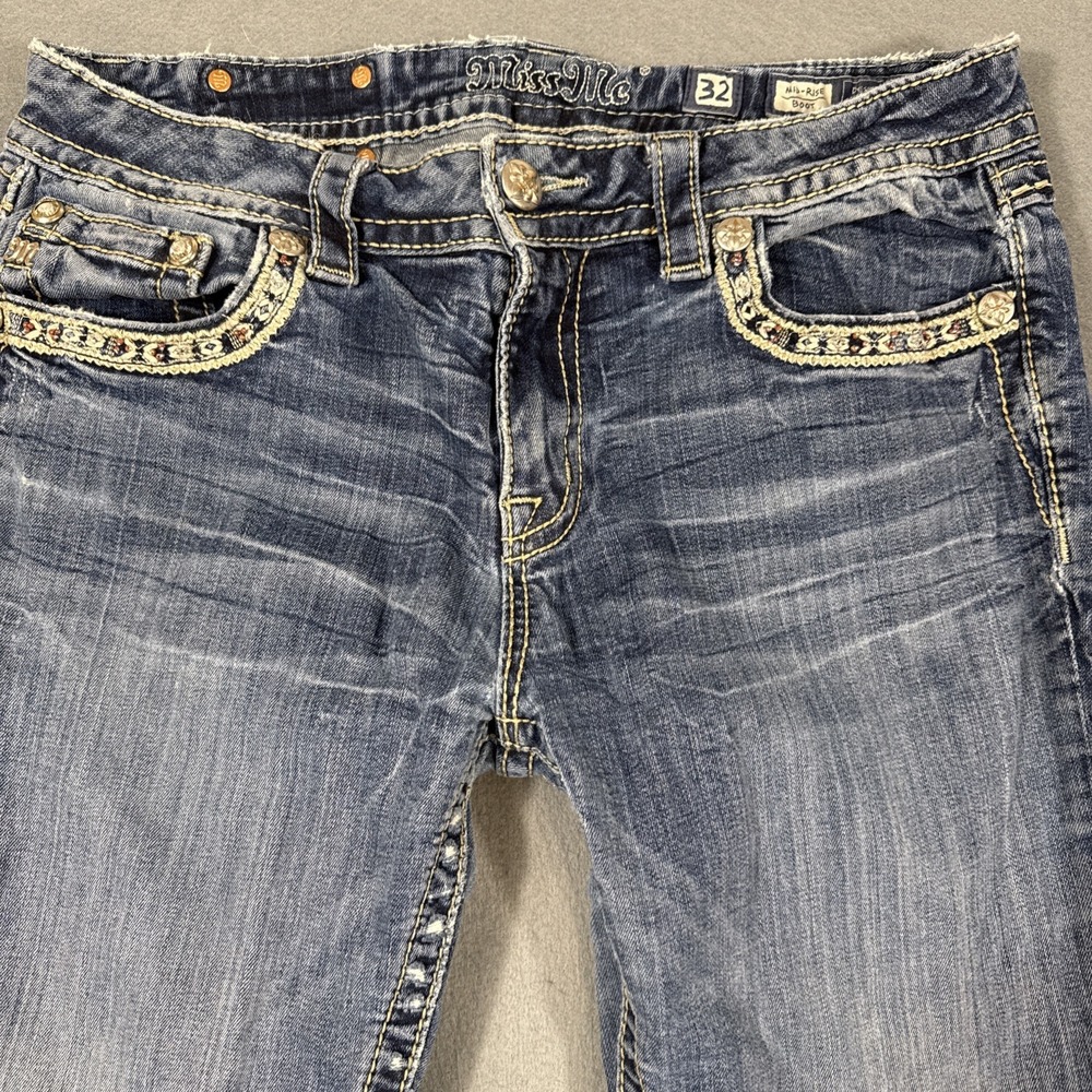 Miss Me 30x32 Mid-Rise Boot Jeans TRIBAL Embellished WHISKERING THICK STITCH - Picture 7 of 11